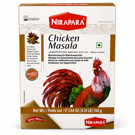 Nirapara Chicken Masala spice mix box, 160 g. The packaging features a white background with brown borders, a red brand logo, and an illustration of a colorful rooster.