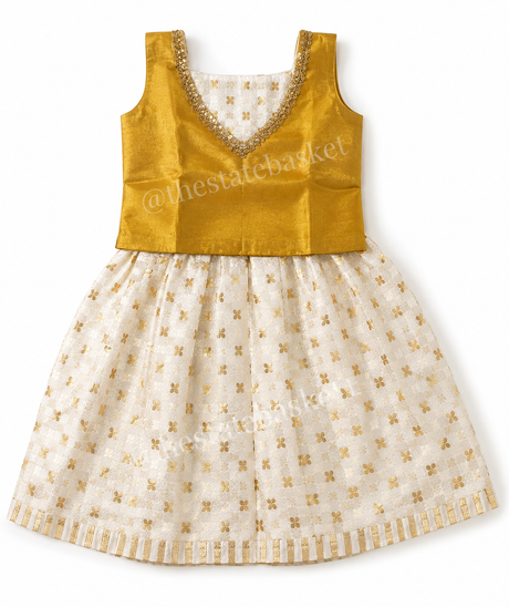 Kids Pattu Pavada – Gold & White Floral