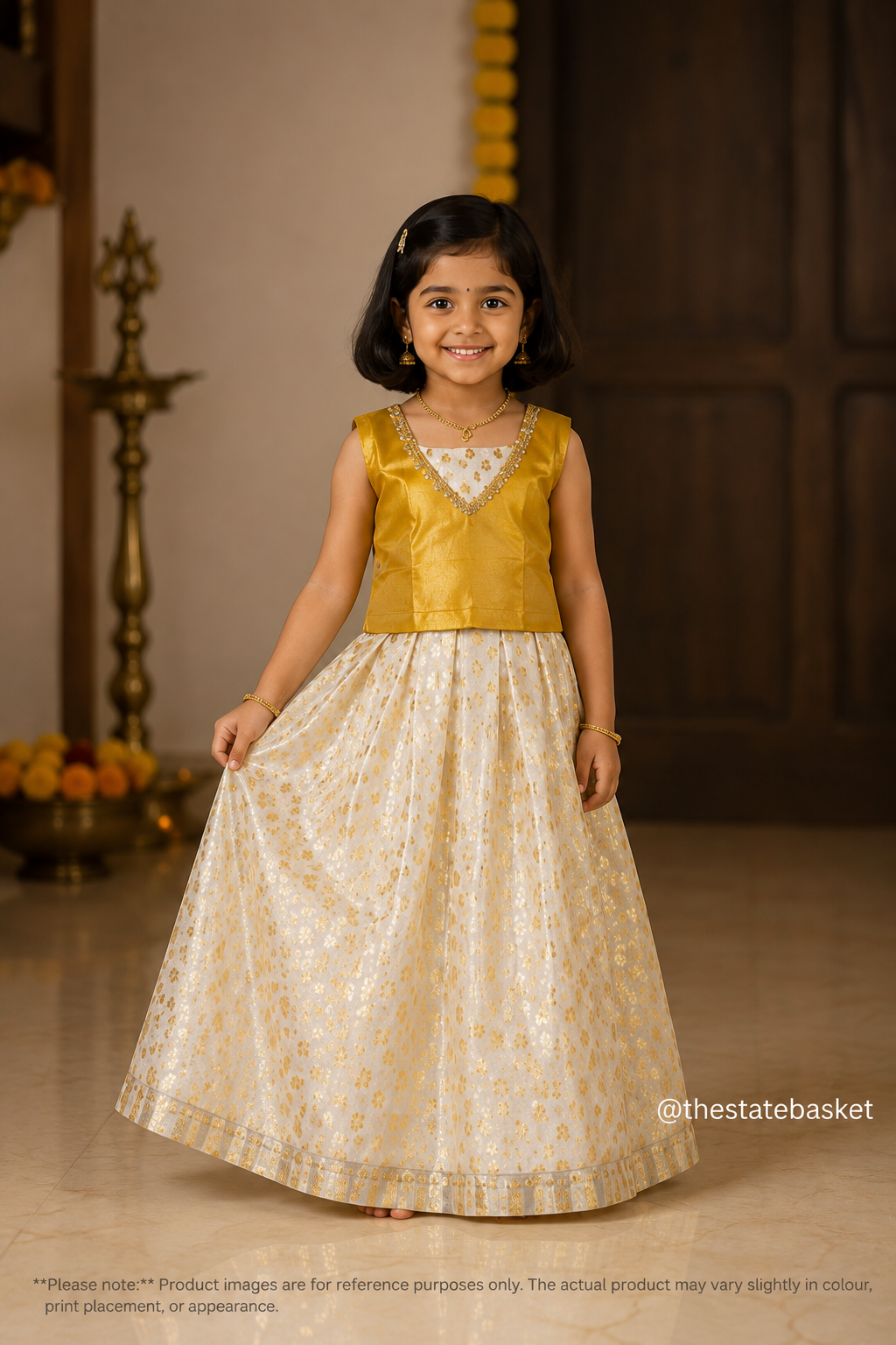 Kids Pattu Pavada – Gold & White Floral