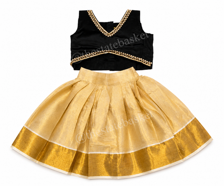 Kids Kasavu Pattu Pavada – Black & Gold