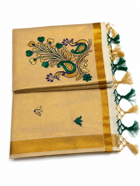 Embroidered Kerala Saree – Golden Beige