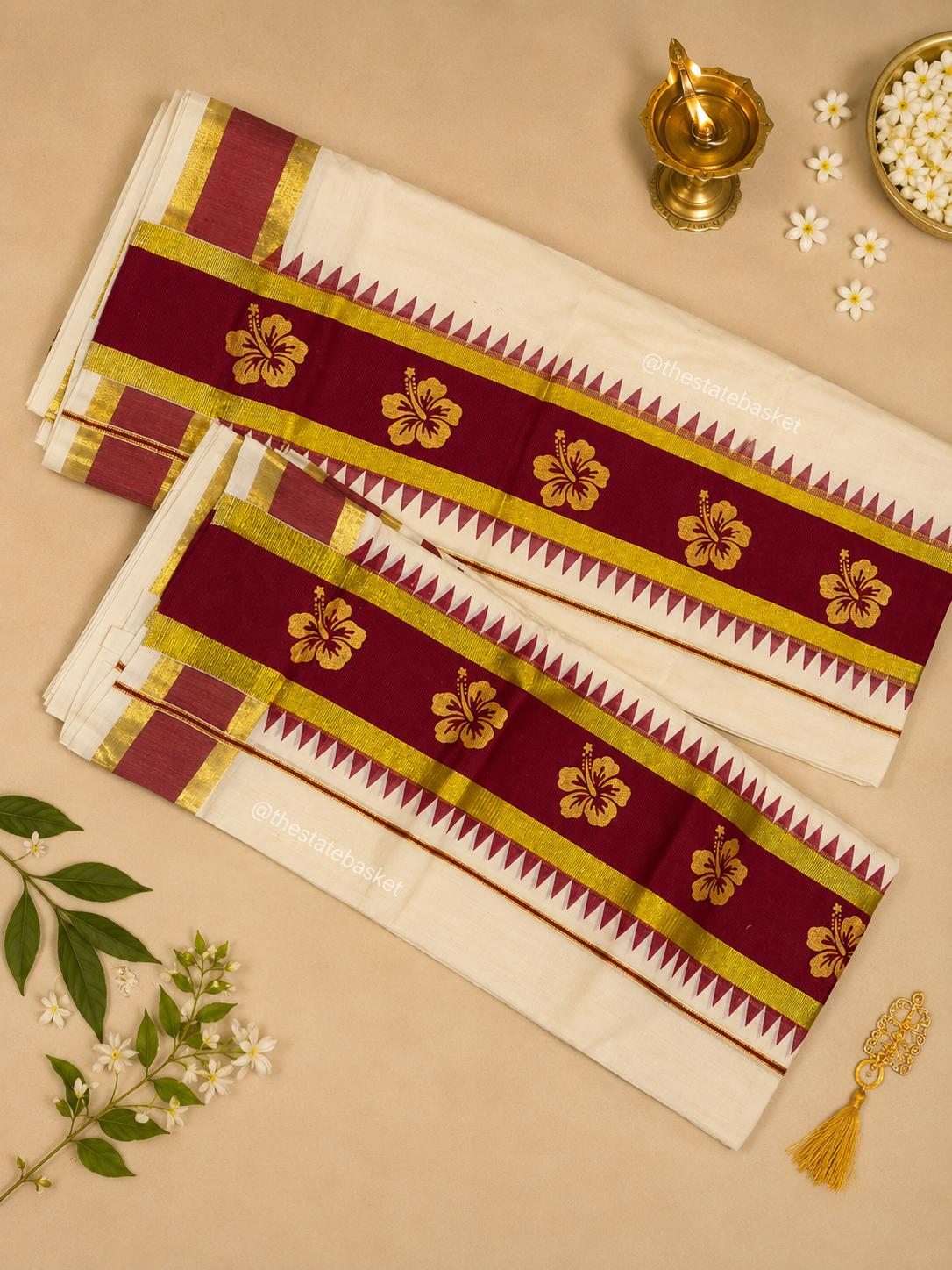 Maroon & Gold Floral Kasavu Set Mundu – Traditional Kerala Saree