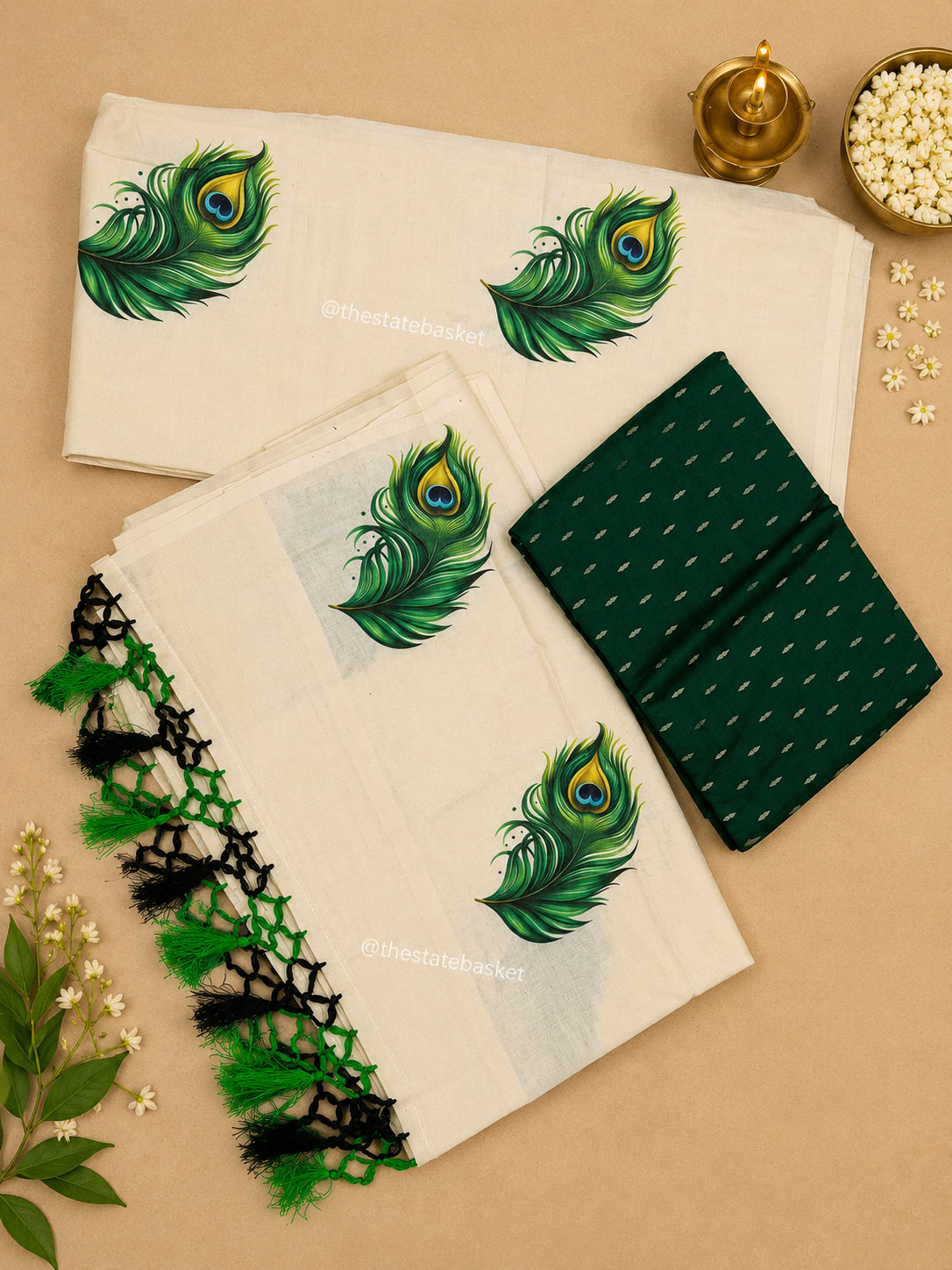 Peacock Feather Print Saree with Matching Blouse Piece
