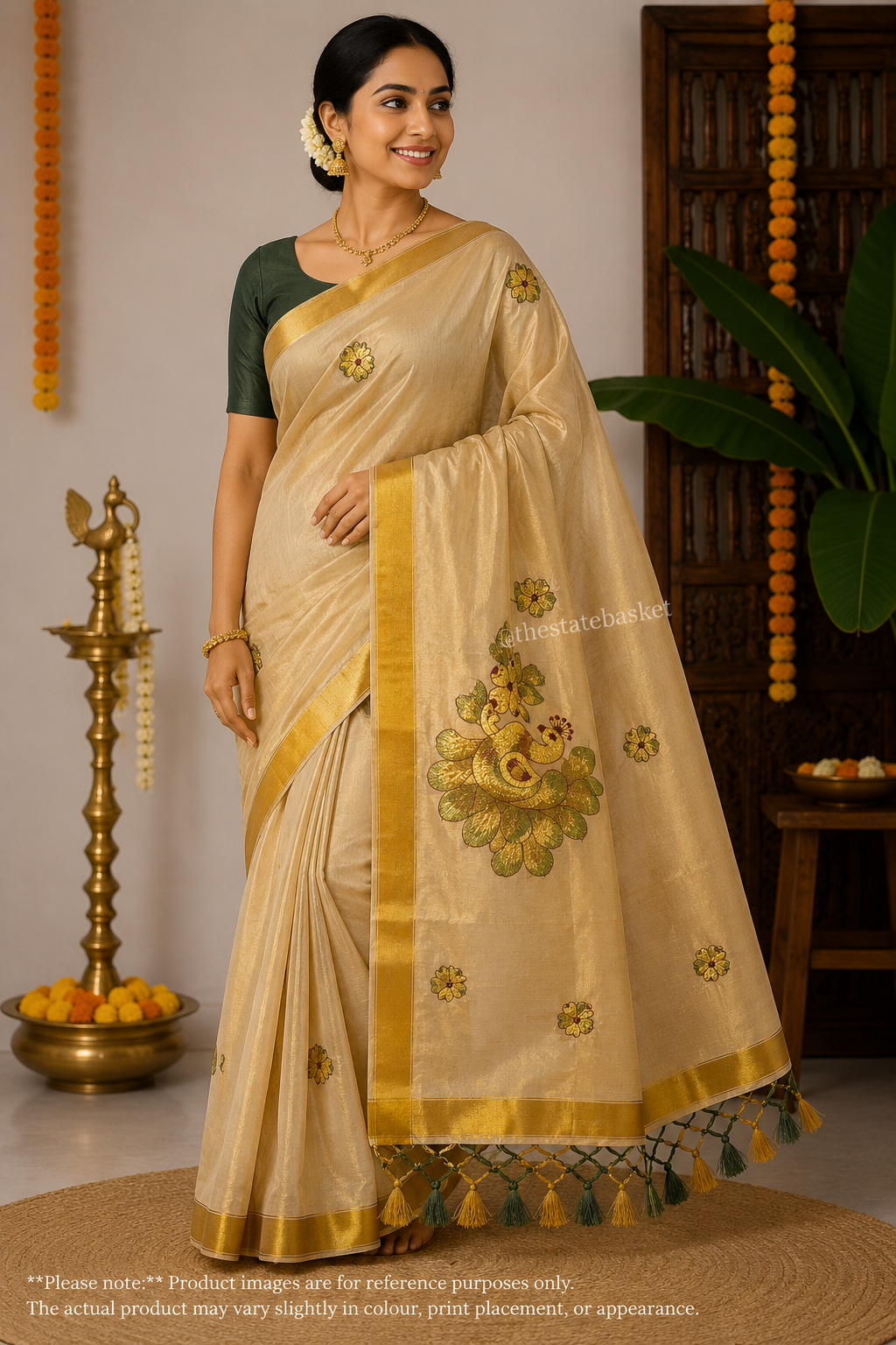 Peacock & Floral Embroidered Kerala Saree – Golden Beige