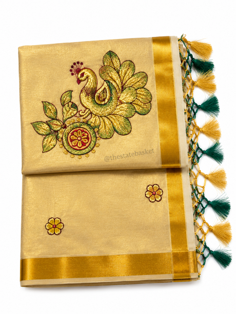 Peacock & Floral Embroidered Kerala Saree – Golden Beige