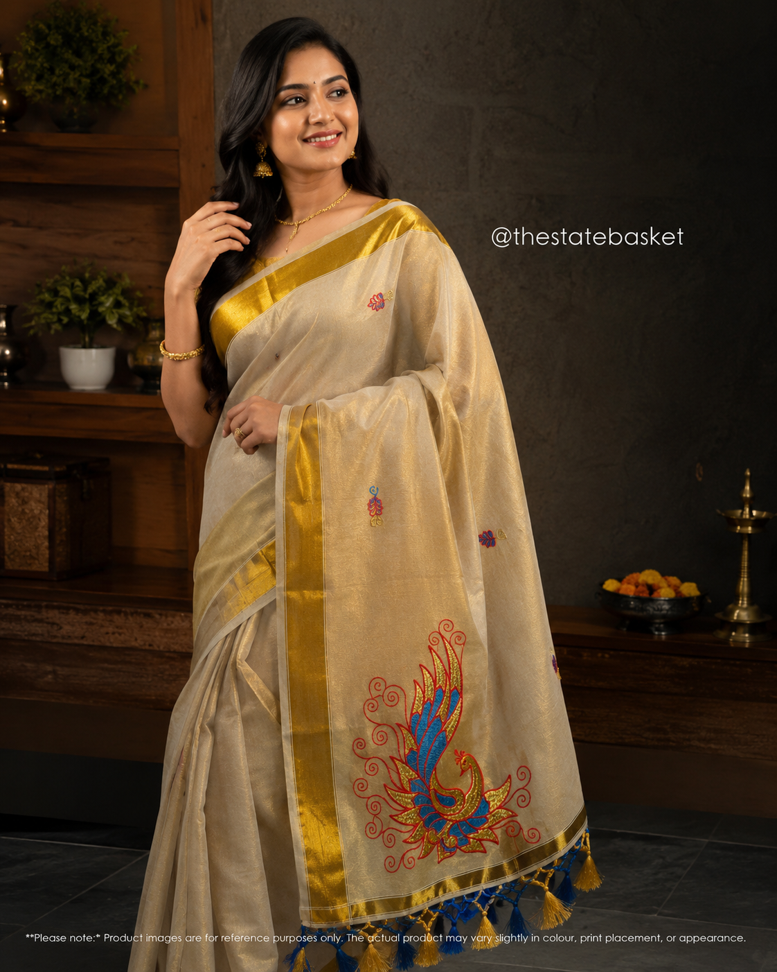 Gold Peacock Embroidery Saree with Blue Tassels