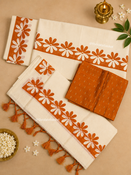 Kerala Set Mundu with Orange Floral Design & Blouse Piece