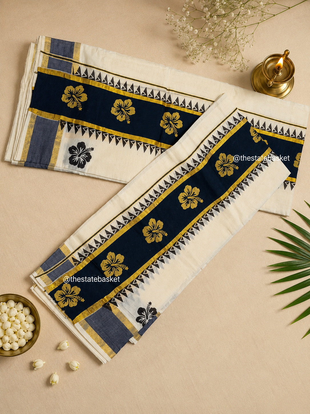 Kerala Set Mundu – Navy Blue & Gold Floral Design