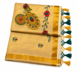 Peacock Embroidered Kerala Saree – Golden Beige