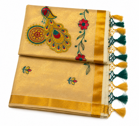 Peacock Embroidered Kerala Saree – Golden Beige
