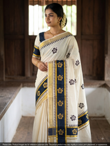 Kerala Set Mundu – Navy Blue & Gold Floral Design