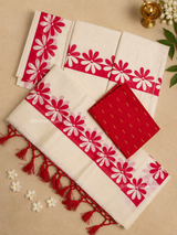 Kerala Set Mundu with Red Floral Design & Blouse Piece