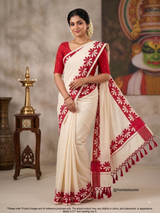 Kerala Set Mundu with Red Floral Design & Blouse Piece