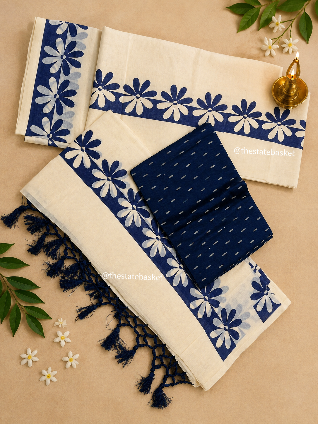 Kerala Set Mundu with Blue Floral Design & Matching Blouse Piece