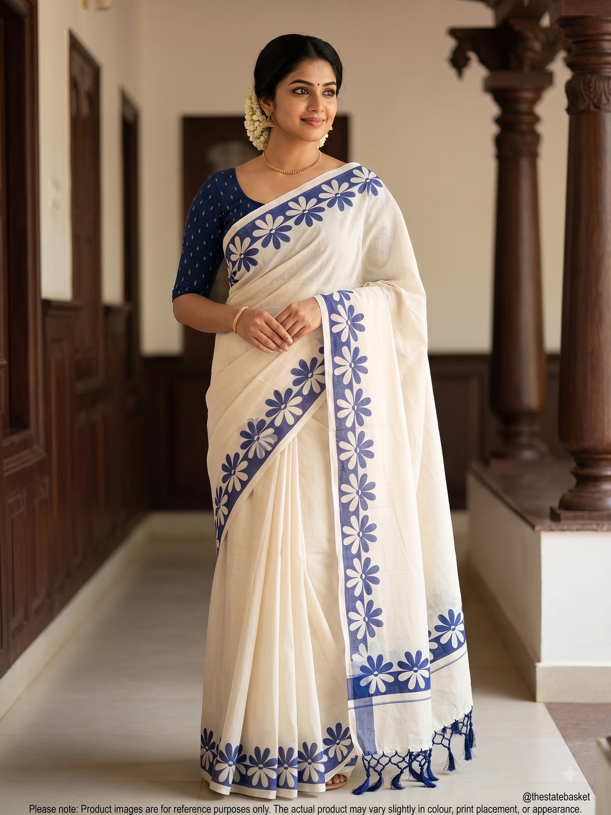 Kerala Set Mundu with Blue Floral Design & Matching Blouse Piece