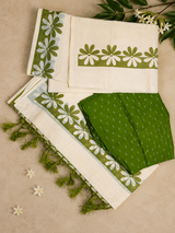 Kerala Cotton Set Mundu with Green Floral Design & Blouse Piece