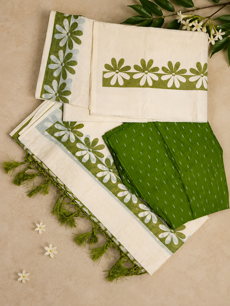Kerala Cotton Set Mundu with Green Floral Design & Blouse Piece